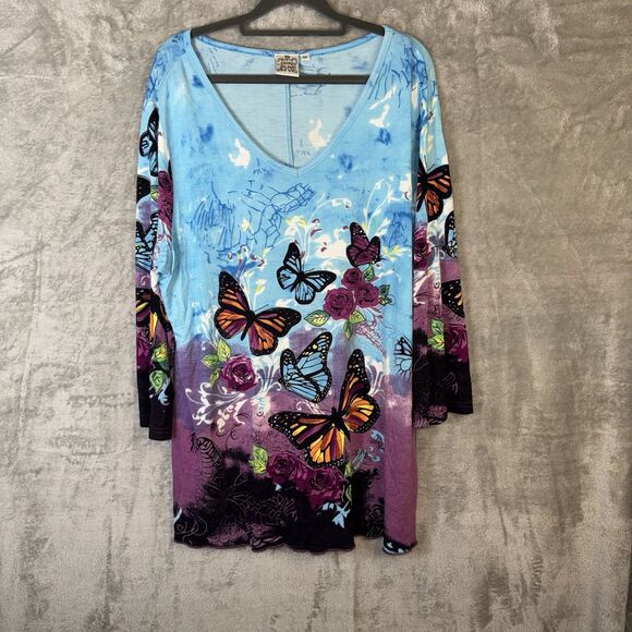 Parsley & Sage 1X Tunic Top Boho Artsy Butterfly Floral Ombre V Neck Hippie - Picture 1 of 7